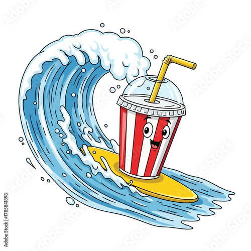 A fun soda cup cartoon character is surfing on a wave a whimsical illustration of summer fun and refreshment