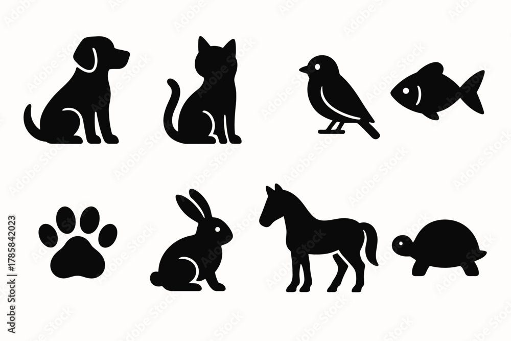Obraz premium Silhouette icons of popular pets including dog, cat, bird, fish, and more