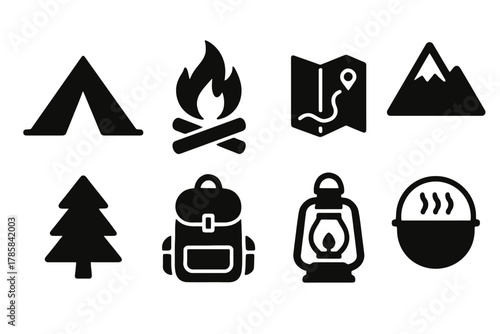 Camping icons: tent, campfire, map, mountain, tree, backpack, lantern, soup bowl