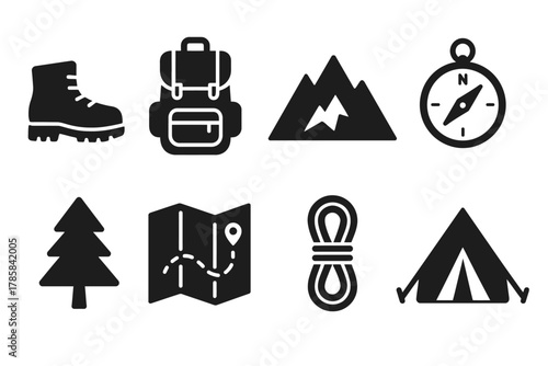 Icon set of camping and hiking equipment: boots, backpack, map, tent, compass