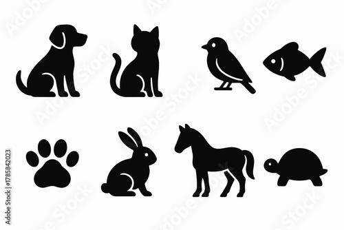 Silhouette icons of popular pets including dog, cat, bird, fish, and more