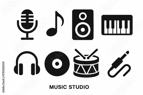 Music studio icons: microphone, note, speaker, keyboard, headphones, vinyl, drum, cable