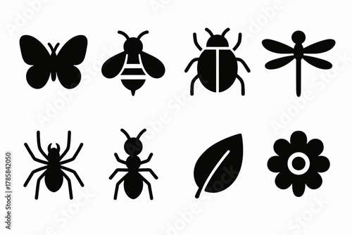 Silhouette icons of insects and nature elements including butterfly, bee, beetle, and dragonfly