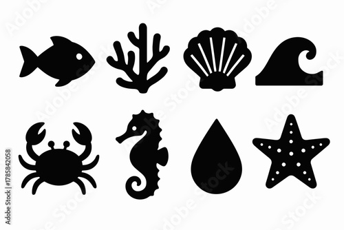 Black silhouettes of marine life: fish, coral, shell, wave, crab, seahorse, drop, starfish