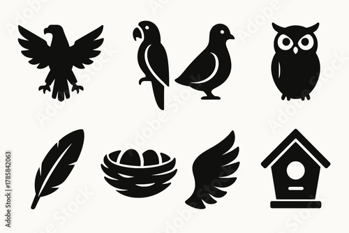 Bird silhouettes: eagle, parrot, dove, owl, feather, nest, wing, birdhouse icons