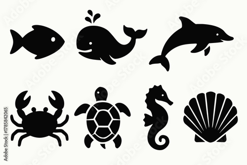 Silhouette icons of marine animals including fish, whale, dolphin, crab, turtle, seahorse, shell