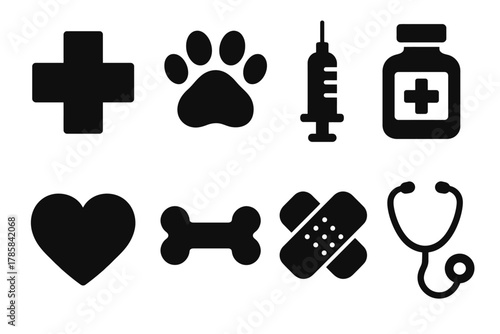 Veterinary medical icons: cross, paw print, syringe, medicine, heart, bone, bandage, stethoscope