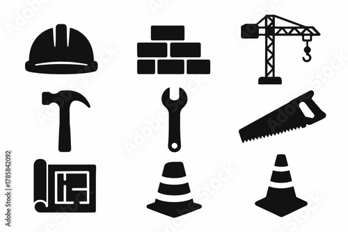 Construction icon set: hard hat, tools, crane, blueprint, traffic cones