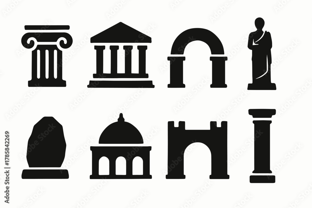 Obraz premium Silhouette icons of ancient architectural structures and sculptures