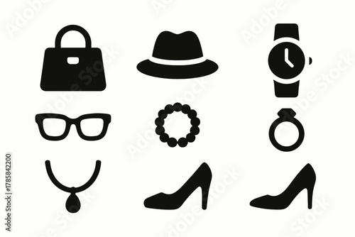 Black silhouettes of fashion accessories including hat, necklace, and watch
