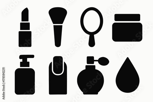 Cosmetic icons set: lipstick, brush, mirror, cream, bottle, nail polish, perfume, drop