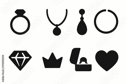 Jewelry icons: ring, necklace, earrings, diamond, crown, gift box, heart