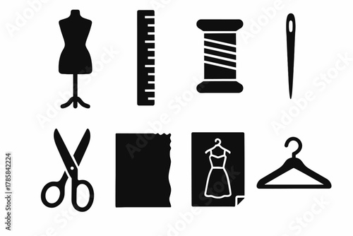 Sewing icons collection: mannequin, scissors, thread, needle, hanger, ruler, pattern, fabric