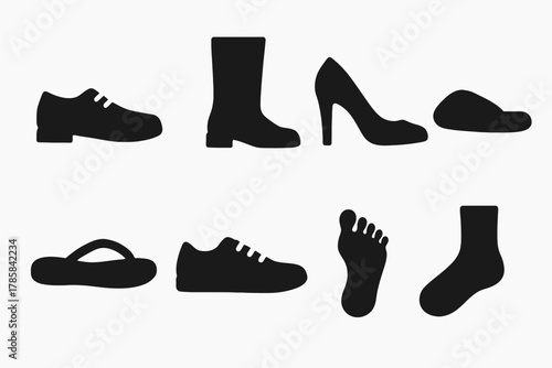 Silhouettes of diverse footwear styles and foot anatomy