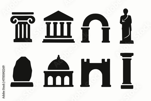 Silhouette icons of ancient architectural structures and sculptures