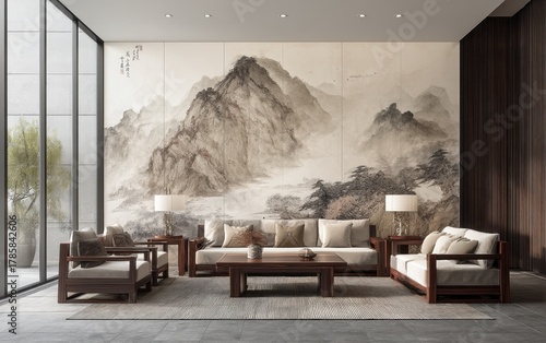 A serene, modern living room featuring elegant wooden furniture, soft fabrics, and a large mural depicting mountains, creating a tranquil atmosphere.
