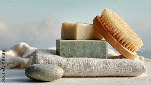 Spa Day Essentials: A serene arrangement of bath soaps and brush arranged with a towel. The light highlights the textures of each item. Capturing a feeling of calmness and spa experience.