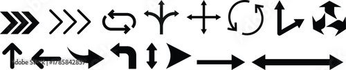 Way direction arrow sign icon set. three arrow, way sign, road direction icon vector. three-way direction arrow sign.Way pointer symbol. Turn arrow navigation sign. Traffic route vector illustration.