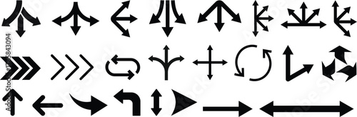 Way direction arrow sign icon set. three arrow, way sign, road direction icon vector. three-way direction arrow sign.Way pointer symbol. Turn arrow navigation sign. Traffic route vector illustration.