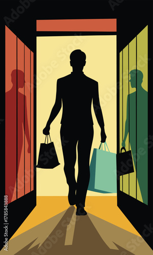 Silhouette of person walking out of store with bags.
