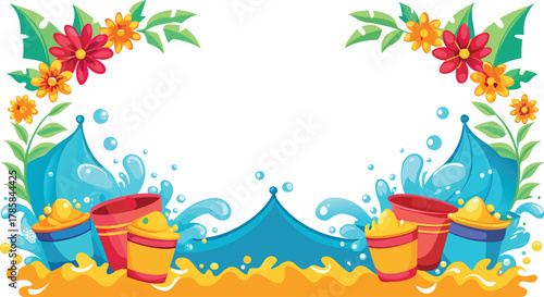 Songkran water festival border with splashing water, flowers, and colorful buckets.
