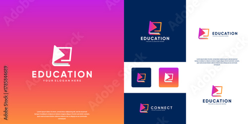 Education logo with abstract book symbol, innovative digital services, vector graphic design.