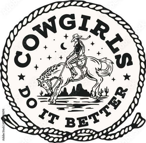 Cowgirl icons represent strength, independence, and the adventurous spirit of the Wild West. They often feature elements like hats, boots, lassos, horses, and denim, symbolizing courage and freedom. 