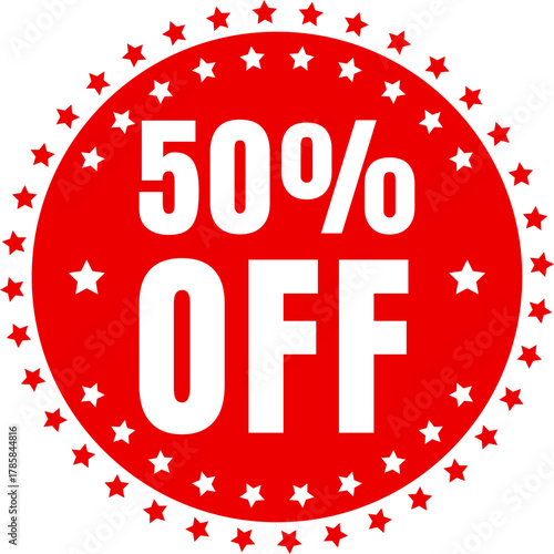 Red 50% Off Star Badge Promotional Discount Label for Sale and Marketing Campaigns