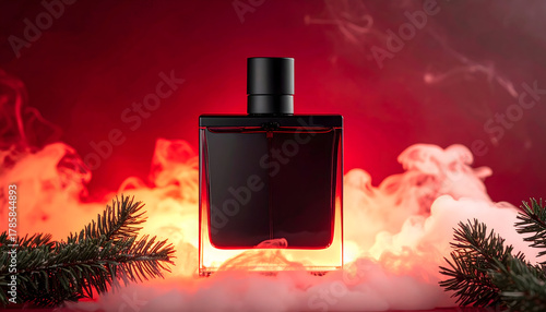 Elegant perfume ad featuring black bottle with red glow and soft smoke in luxury editorial style.