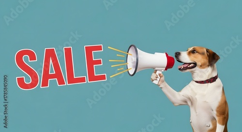 Sale poster, sales banner, Funny dog with megaphone announcing big sale on blue background