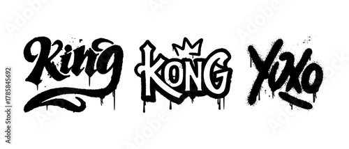 Urban graffiti words “King”, “Kong”, and “Xoxo” with dripping spray paint design