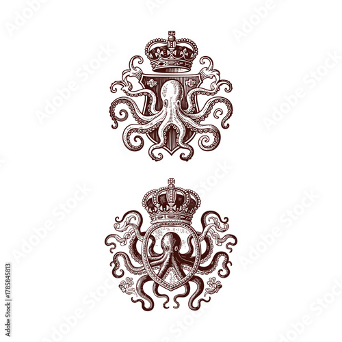 vintage nautical coat of arms illustrations featuring a majestic octopus holding or emerging from a decorated shield, crowned with an ornate royal crown
