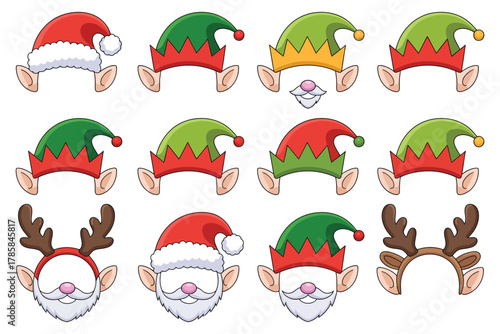 A collection of festive holiday hats and reindeer antlers for Christmas celebrations and costume parties.