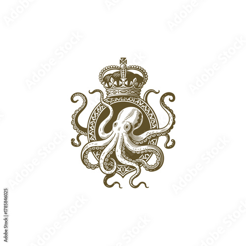 vintage nautical coat of arms illustrations featuring a majestic octopus holding or emerging from a decorated shield, crowned with an ornate royal crown