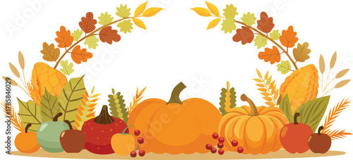 Thanksgiving border with autumn leaves, pumpkins, and harvest crops in warm tones.