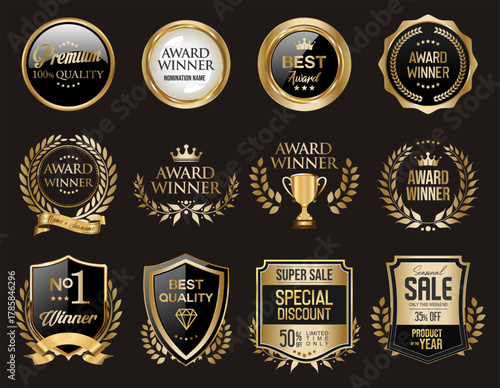 Laurel and ribbon gold label frame set Luxury golden labels and emblems elements ribbons and crown premium badges and stickers collection 