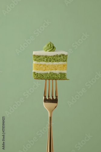 a minimalist and artistic style, showcasing a slice of layered cake balanced on a golden fork against a solid, muted green background.