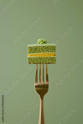 a minimalist and artistic style, showcasing a slice of layered cake balanced on a golden fork against a solid, muted green background.