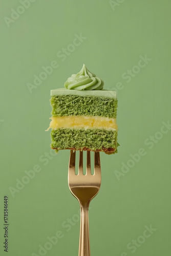 a minimalist and artistic style, showcasing a slice of layered cake balanced on a golden fork against a solid, muted green background.
