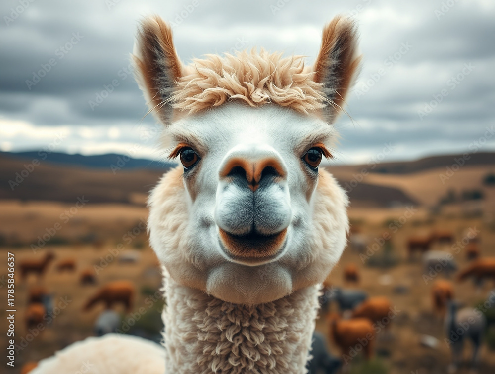 Obraz premium Close up of an alpaca face in a field Keywords: alpaca, animal, portrait, face, head, cute
