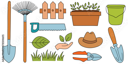 Hand-drawn cartoon set of garden theme on white background.