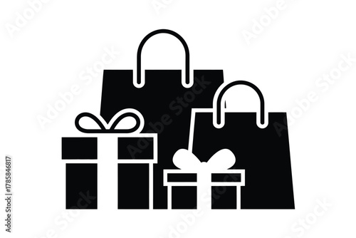 Shopping bags and gift boxes are depicted in a simple black and white graphic illustration.