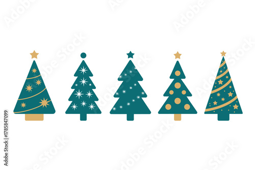 A collection of five stylized Christmas trees with golden star toppers and festive decorations in teal hues.