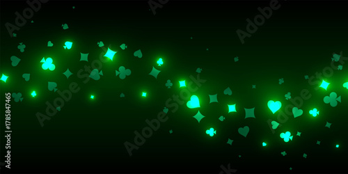 Casino pattern. Green flying glowing playing cards on black background. Sparkling hearts, clubs, diamonds and spades on dark. Online casino concept. Luxury vector illustration.