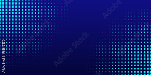 Tech blue halftone background. Digital wave pattern of cyan squares fading toward the center on a deep blue gradient. Abstract vector illustration.