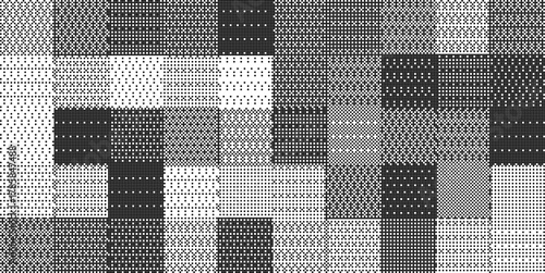 Pixel halftone pattern background. Black and white geometric grid with small squares and dots. Abstract mosaic texture in digital dither style. Modern minimal design. Vector illustration.