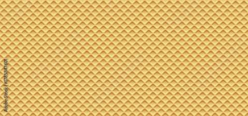 Ice cream cone background with golden waffle texture. Seamless diamond pattern with sweet crispy surface. Delicious dessert wall design. Realistic vector illustration.