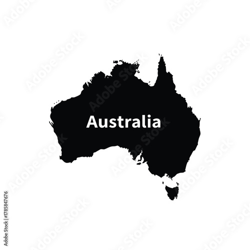 Australia black silhouette map vector illustration isolated on white background with country name label detailed continental outline design.
