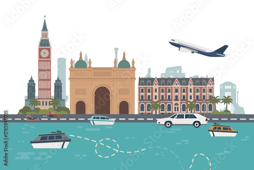 European city skyline vector illustration featuring landmarks like Big Ben and an arch with boats on the water and a plane in the sky