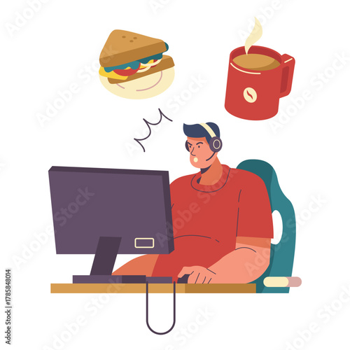 Frustrated gamer neglecting hunger and thirst, intensely focused on the screen